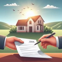 une maison au second plan, sous un grand soleil, au premier plan, deux mains qui se transmettent un document, une page blanche sur laquelle est inscrit _ CONGE